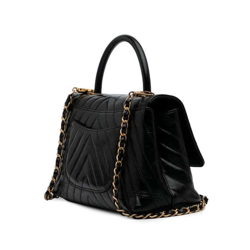 Chanel Small Chevron Aged Calfskin Coco Top Handle Bag Black Leather Good condition - Back View