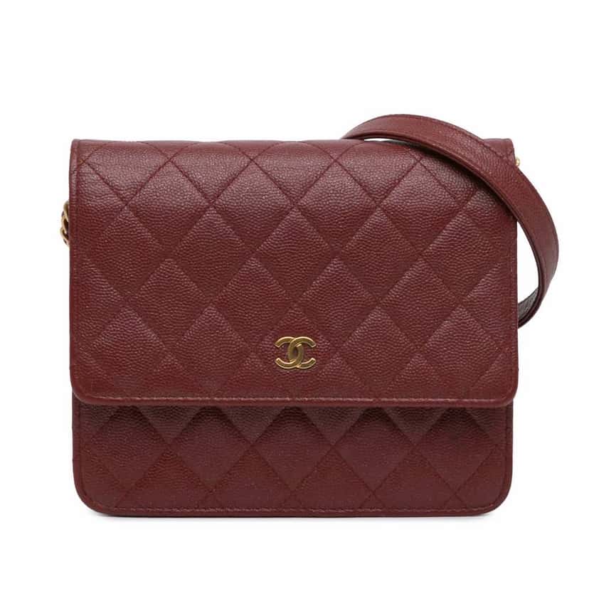Chanel Quilted Caviar Square Wallet on Chain Red Leather Good condition - Front View