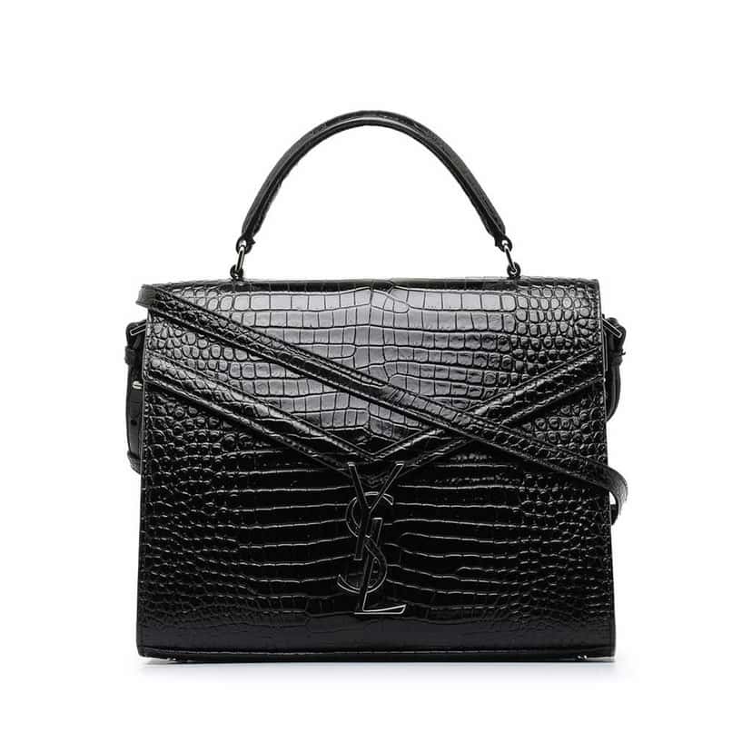 Saint Laurent Medium Crocodile Embossed Cassandra Top Handle Bag Black Leather Very good condition - Front View