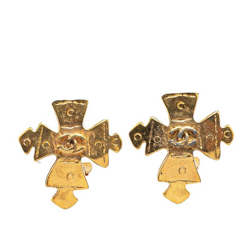 Chanel Gold Plated CC Cross Clip on Earrings Gold Metal Good condition - Front View