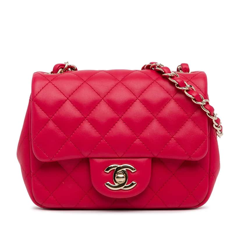 Chanel Mini Square Classic Lambskin Single Flap Red Leather Good condition - Front View