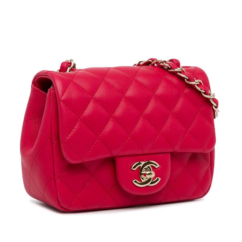 Chanel Mini Square Classic Lambskin Single Flap Red Leather Good condition - Back View