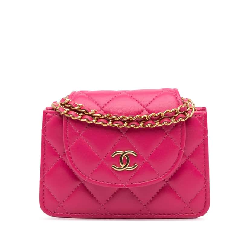 Chanel CC Quilted Lambskin Flap Clutch On Chain Pink Leather Good condition - Front View