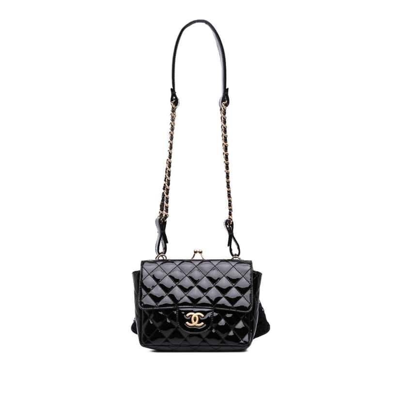 Chanel Mini Patent Lace Kiss Lock Flap Double Bag Black Leather Good condition - Front View