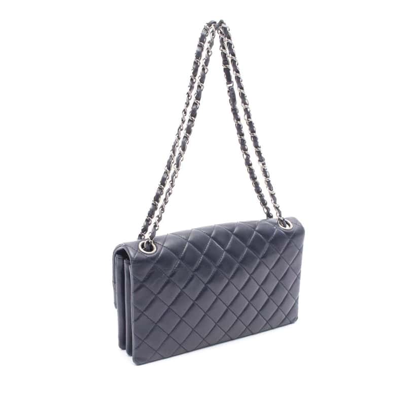 Chanel CC Quilted Lambskin Pushlock Single Flap Blue Leather Good condition - Back View