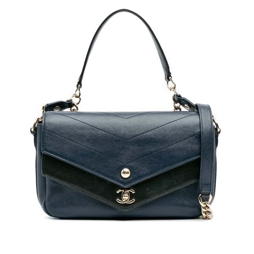 Chanel Mini Quilted Sheepskin Double Chevron Flap Blue Leather Good condition - Front View