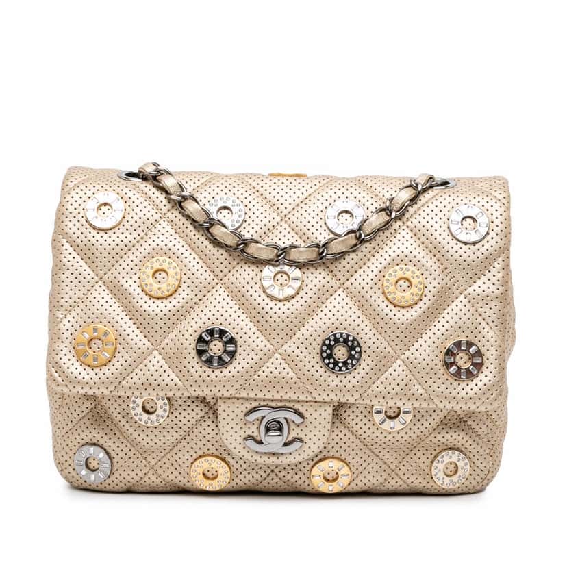 Chanel Paris-Dubai Small Perforated Metallic Lambskin Medals Flap Gold Leather Good condition - Front View