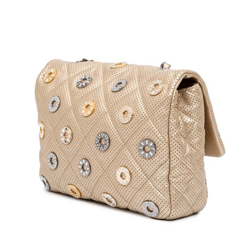 Chanel Paris-Dubai Small Perforated Metallic Lambskin Medals Flap Gold Leather Good condition - Back View