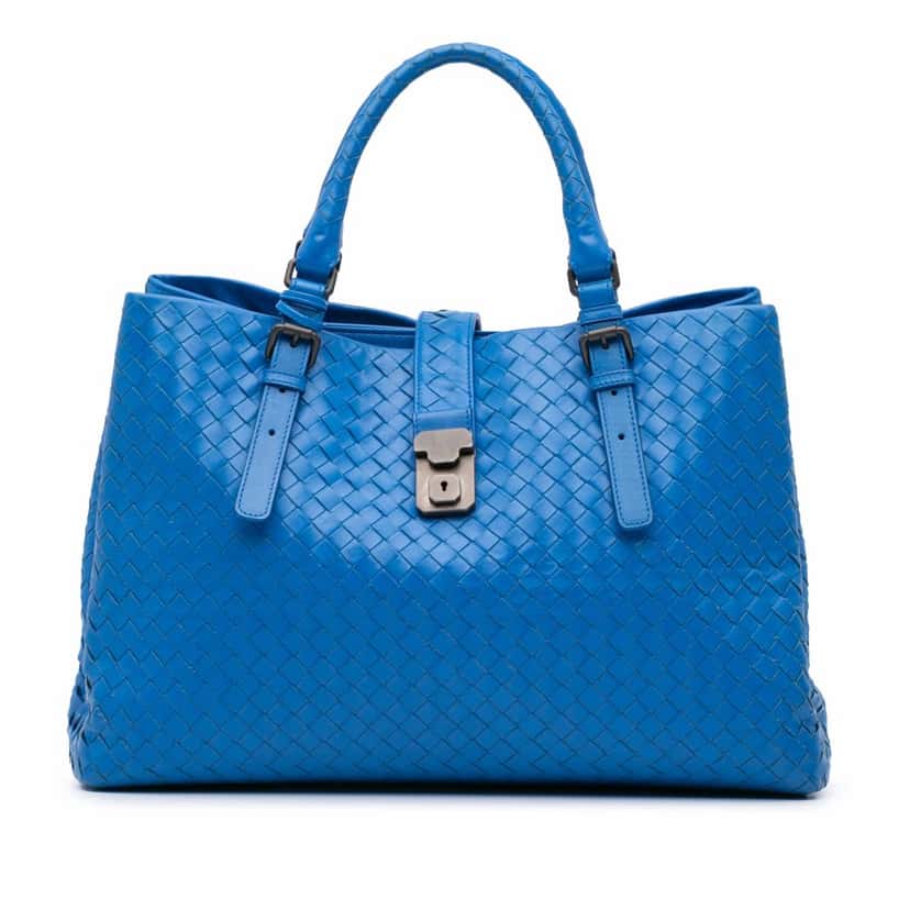 Bottega Veneta Medium Nappa Intrecciato Roma Tote Blue Leather Good condition - Front View