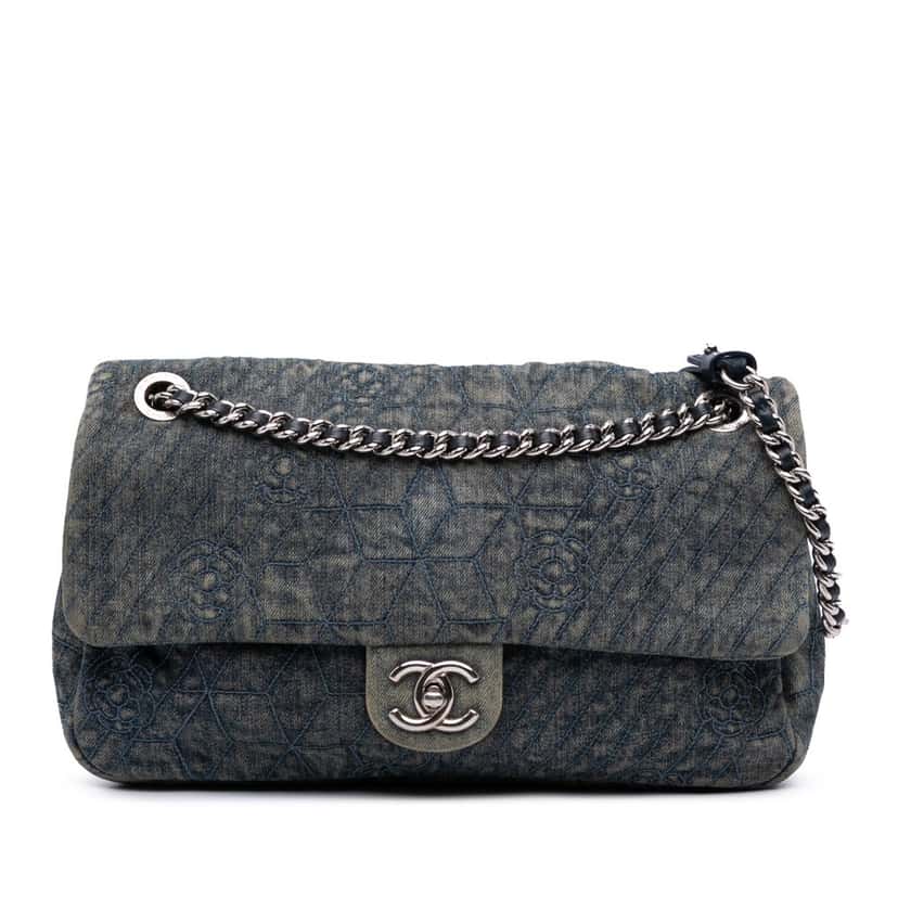 Chanel Large Embroidered Denim Camellia Flap Blue Denim Good condition - Front View