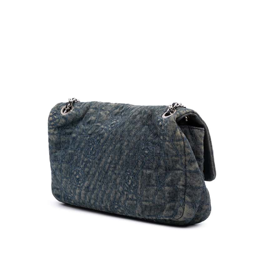 Chanel Large Embroidered Denim Camellia Flap Blue Denim Good condition - Back View