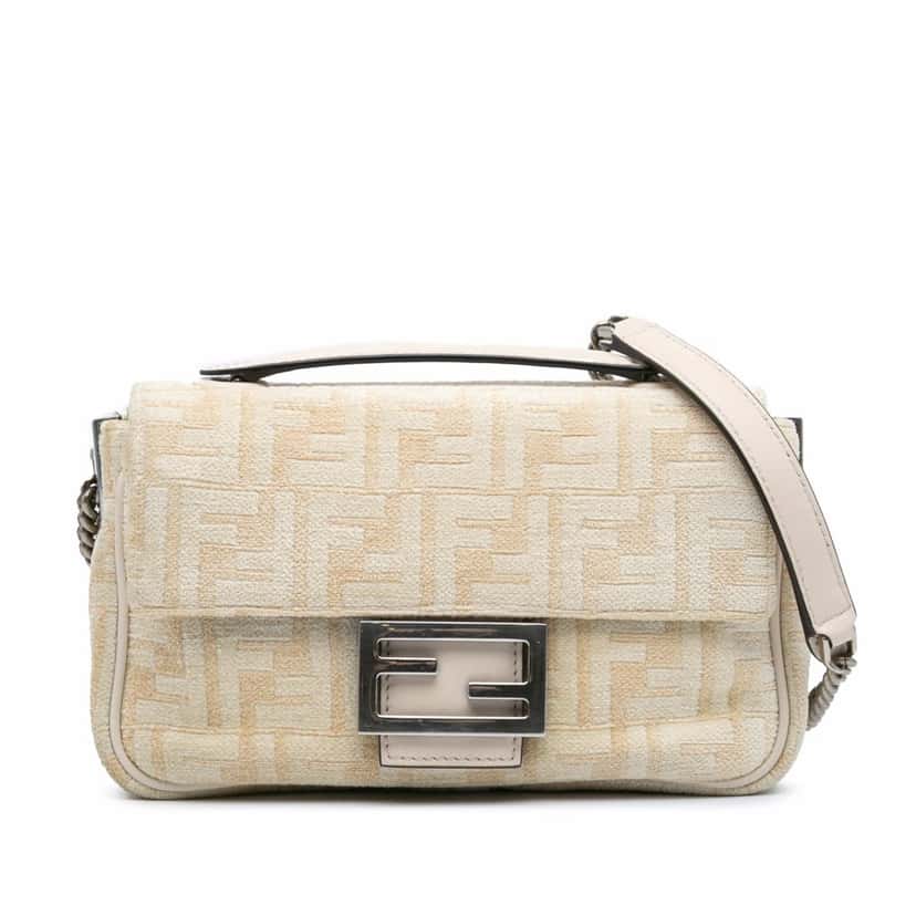 Fendi FF Chenille and Vitello Seta Chain Midi Baguette Brown Cotton Good condition - Front View