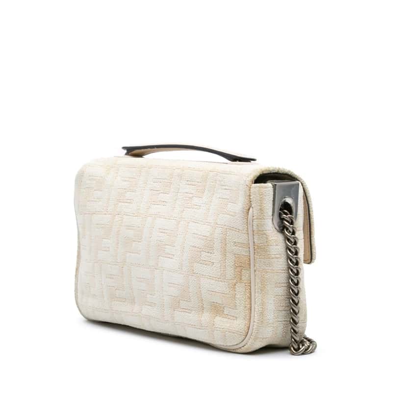 Fendi FF Chenille and Vitello Seta Chain Midi Baguette Brown Cotton Good condition - Back View