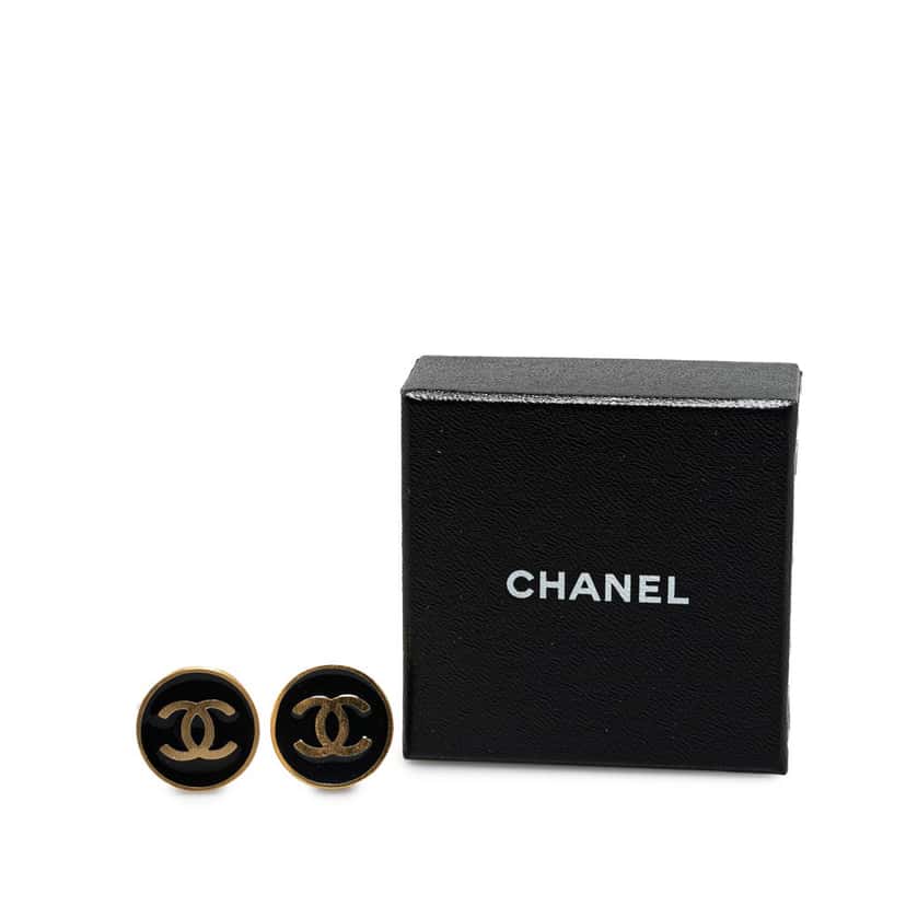 Chanel Gold Plated CC Clip On Earrings Black Metal Good condition - Model View