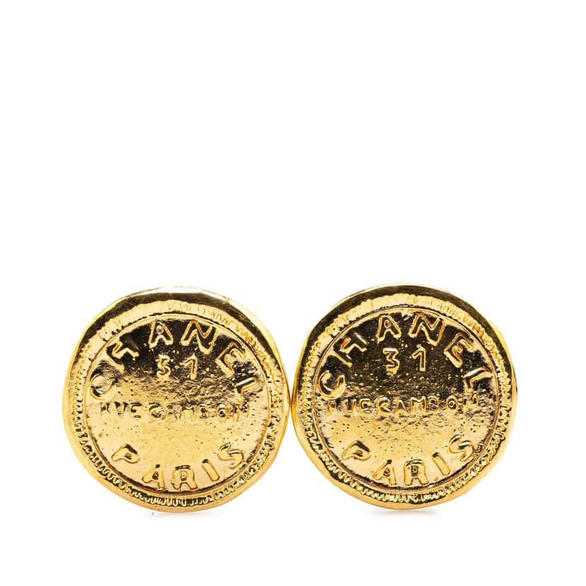 Chanel Gold Plated Rue Cambon Round Clip on Earrings Gold Metal Good condition - Front View