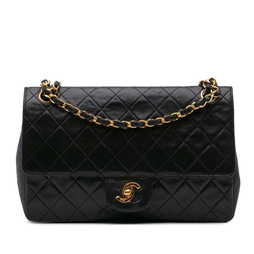 Chanel Medium Quilted Lambskin Double Flap Black Leather Fair condition - Front View