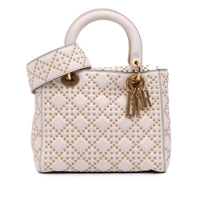 Dior Medium Lambskin Cannage Studded Supple Lady Dior White Leather Good condition - Front View