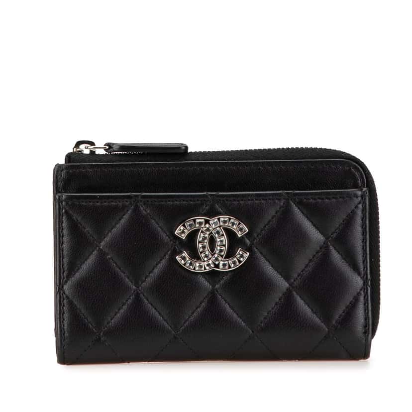 Chanel CC Quilted Lambskin Coin and Card Case Black Leather Good condition - Front View