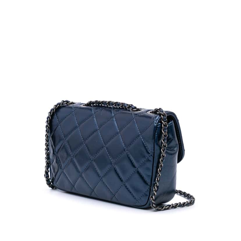 Chanel Mini Quilted Calfskin Coco Pleats Chain Flap Blue Leather Good condition - Back View