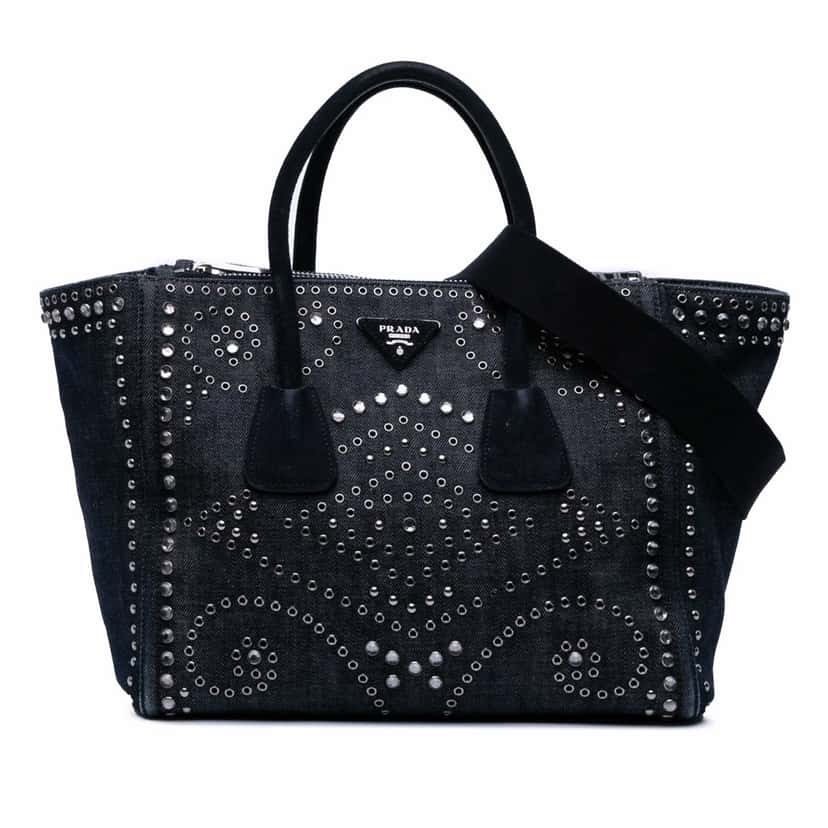Prada Denim Canapa Bijoux and Grommet Twin Pocket Tote Blue Denim Good condition - Front View