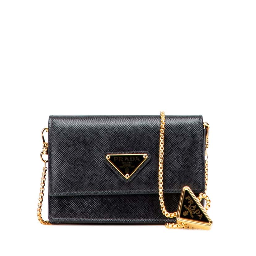 Prada Saffiano Card Holder On Chain Black Leather Good condition - Front View