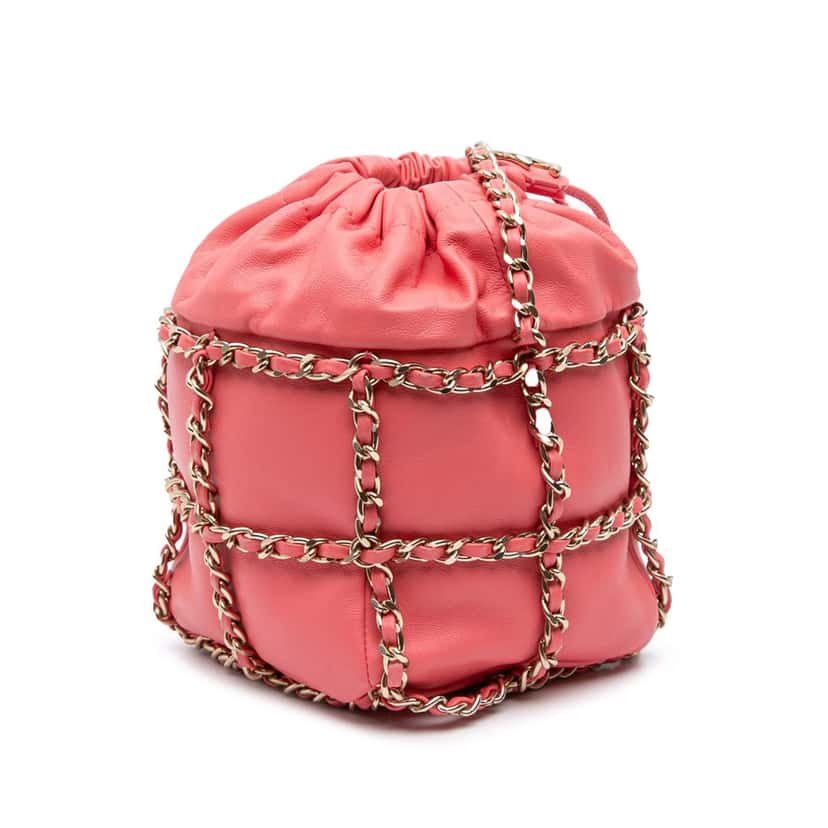 Chanel Lambskin CC Chain Frame Drawstring Bucket Bag Pink Leather Good condition - Back View