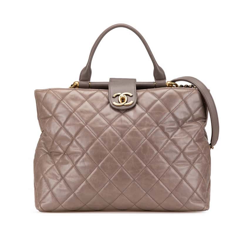 Chanel Quilted Glazed Calfskin Gold Bar Tote Brown Leather Good condition - Front View