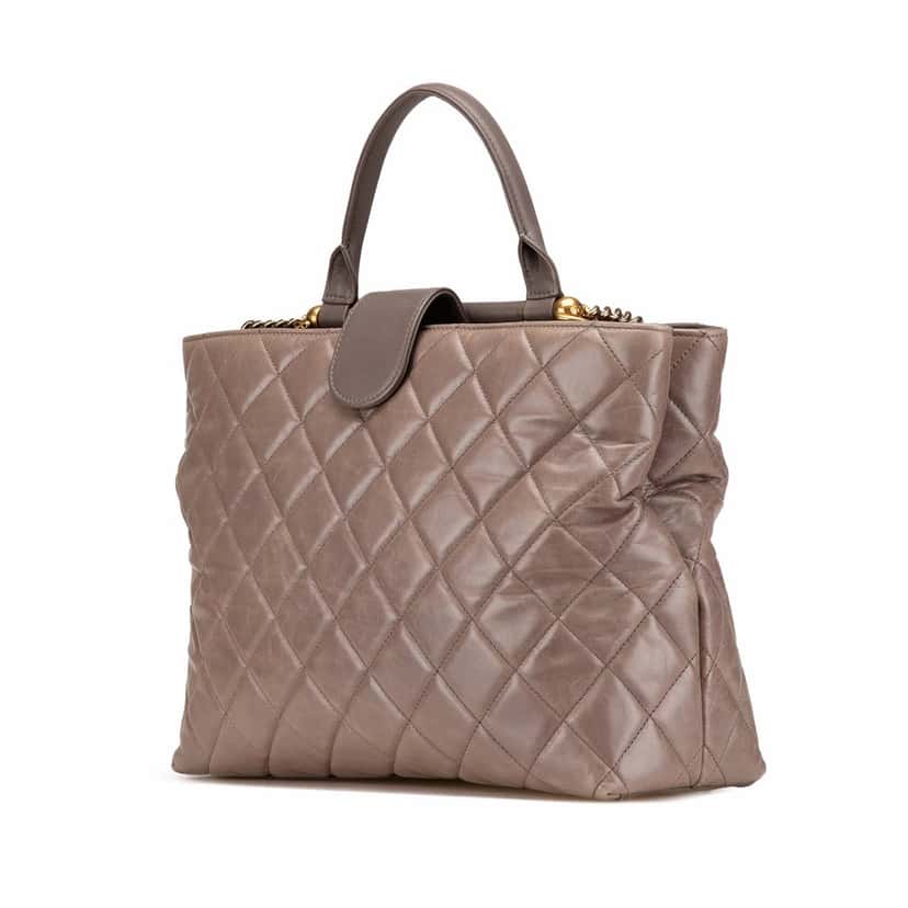 Chanel Quilted Glazed Calfskin Gold Bar Tote Brown Leather Good condition - Back View