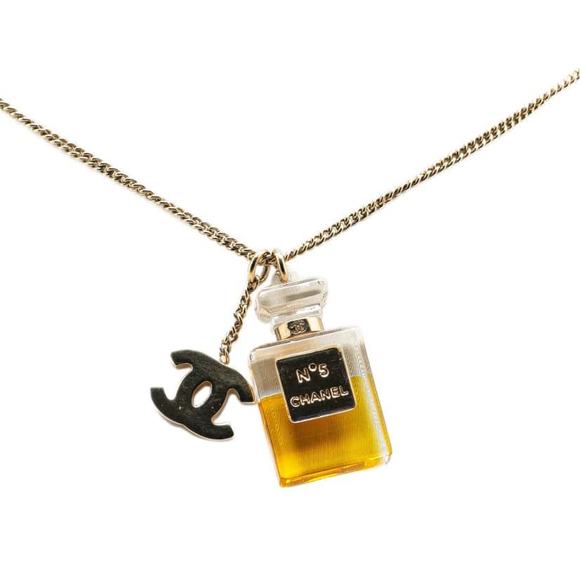 Chanel Gold Plated CC No.5 Perfume Bottle Pendant Necklace Gold Metal Good condition - Front View