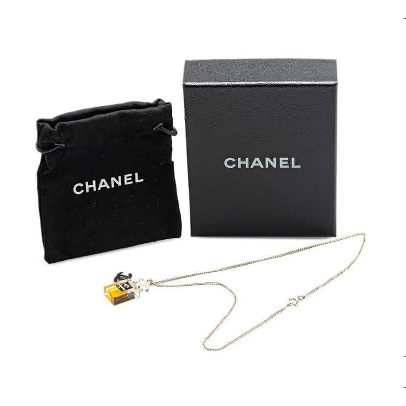 Chanel Gold Plated CC No.5 Perfume Bottle Pendant Necklace Gold Metal Good condition - Box View