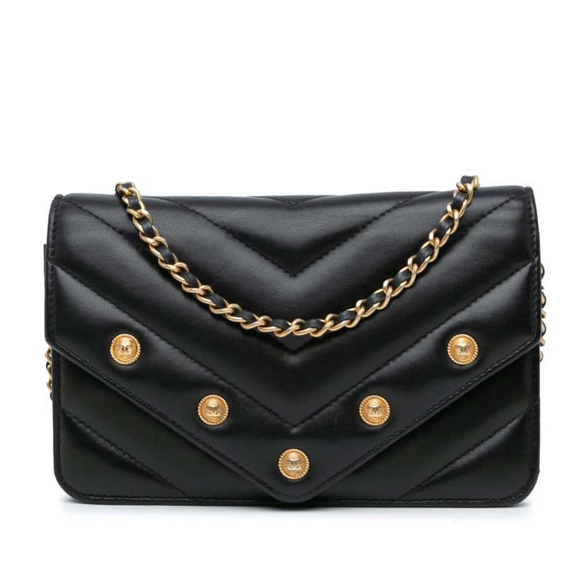 Chanel Chevron Lambskin Button Wallet On Chain Black Leather Good condition - Front View