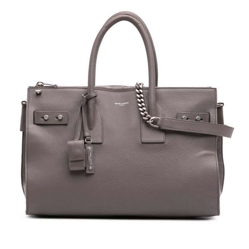 Saint Laurent Small Grained Calfskin Supple Sac De Jour Satchel Grey Leather Good condition - Front View
