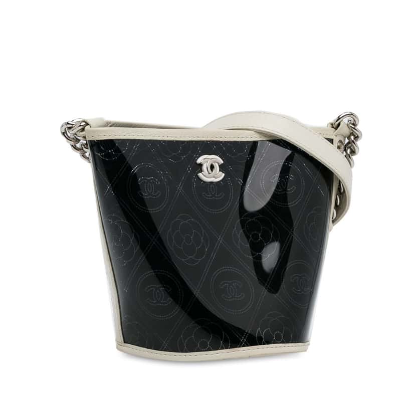 Chanel Crumpled Calfskin PVC Camellia Bucket Black Very good condition - Back View