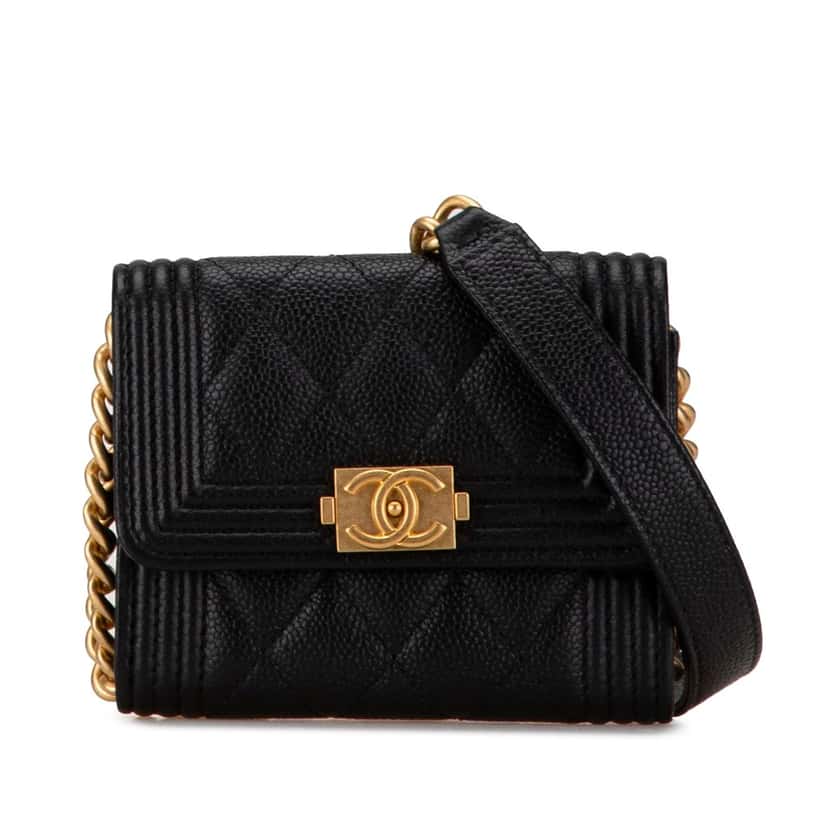Chanel Quilted Caviar Boy Card Holder with Chain Black Leather Good condition - Front View