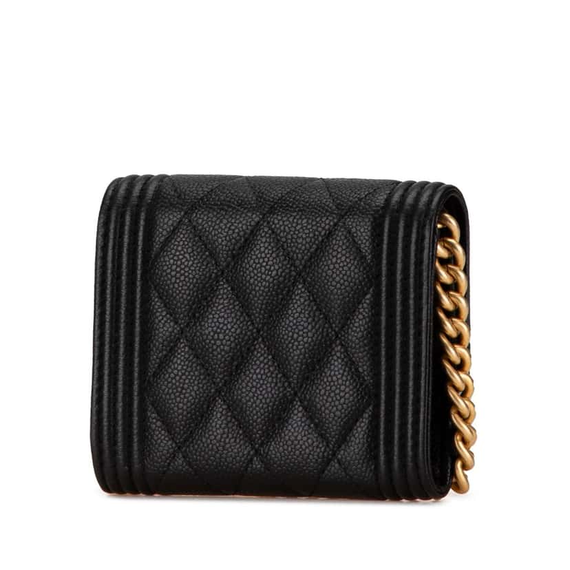 Chanel Quilted Caviar Boy Card Holder with Chain Black Leather Good condition - Back View