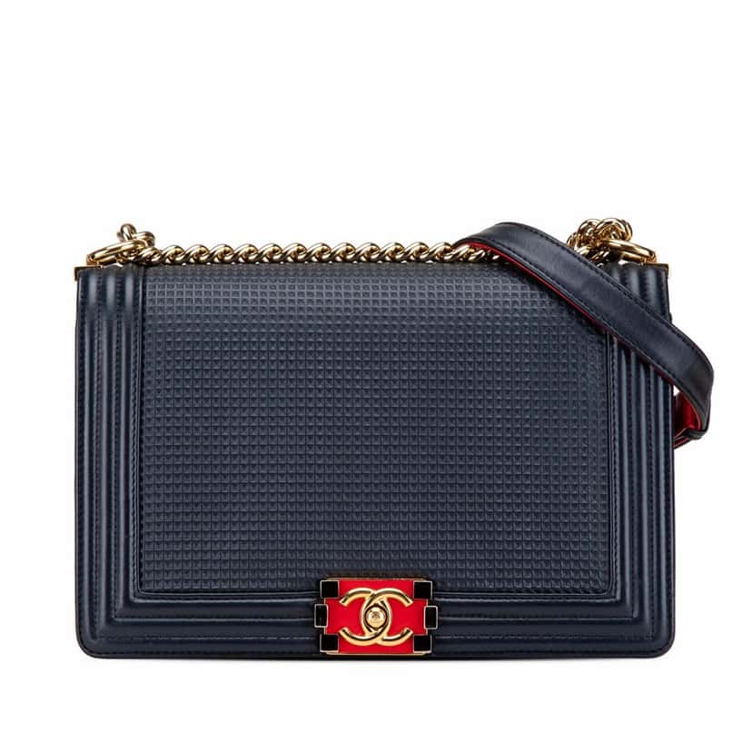 Chanel Medium Lambskin Embossed Cube Boy Flap Blue Leather Good condition - Front View