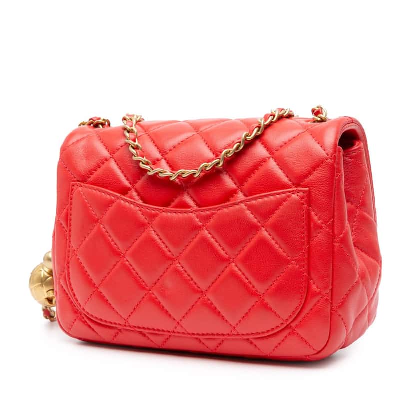 Chanel Mini Square Classic Lambskin Pearl Crush Single Flap Red Leather Good condition - Back View
