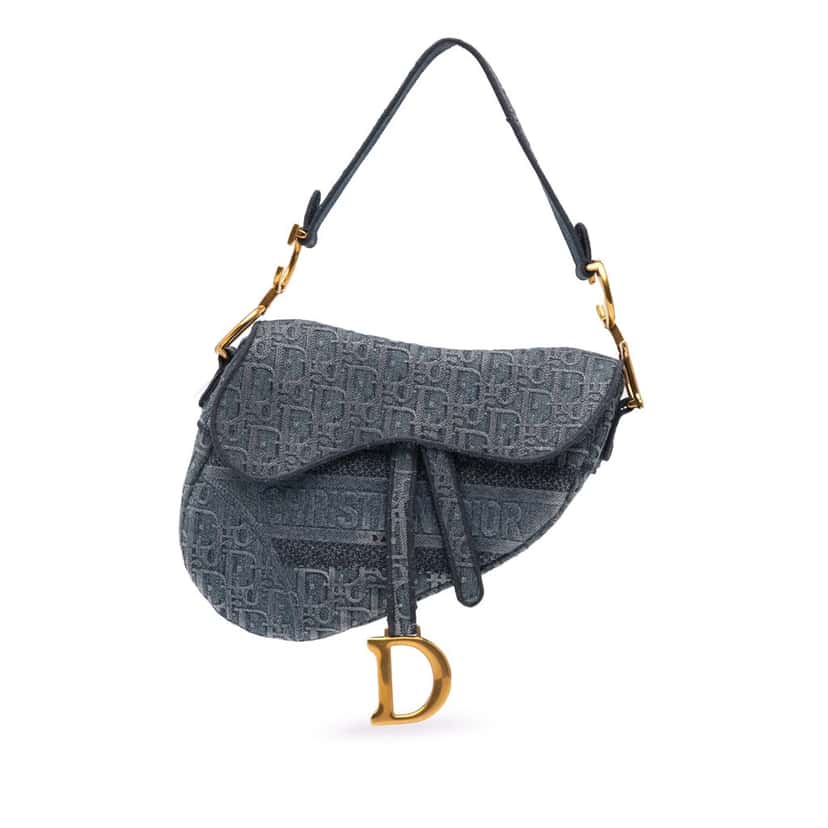 Dior Oblique Denim Embroidered Saddle Bag Blue Denim Good condition - Front View