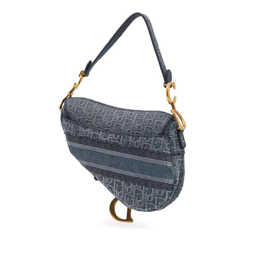 Dior Oblique Denim Embroidered Saddle Bag Blue Denim Good condition - Back View