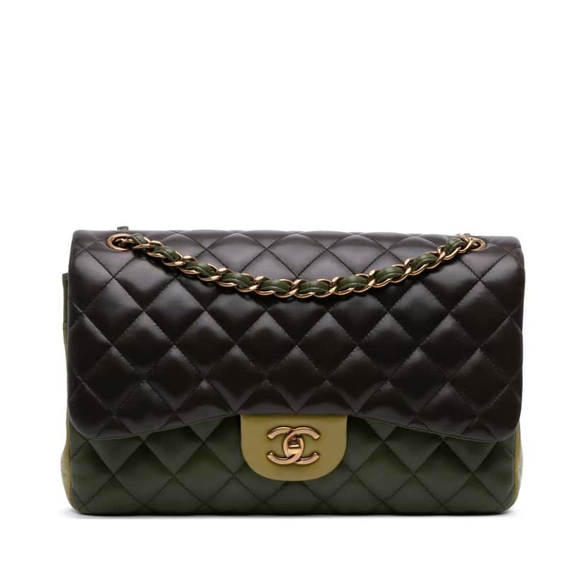 Chanel Jumbo Classic Tricolor Lambskin Double Flap Green Leather Good condition - Front View