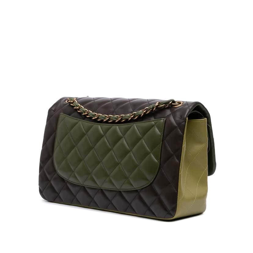 Chanel Jumbo Classic Tricolor Lambskin Double Flap Green Leather Good condition - Back View
