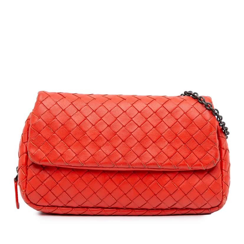Bottega Veneta Intrecciato Chain Flap Crossbody Red Leather Good condition - Front View