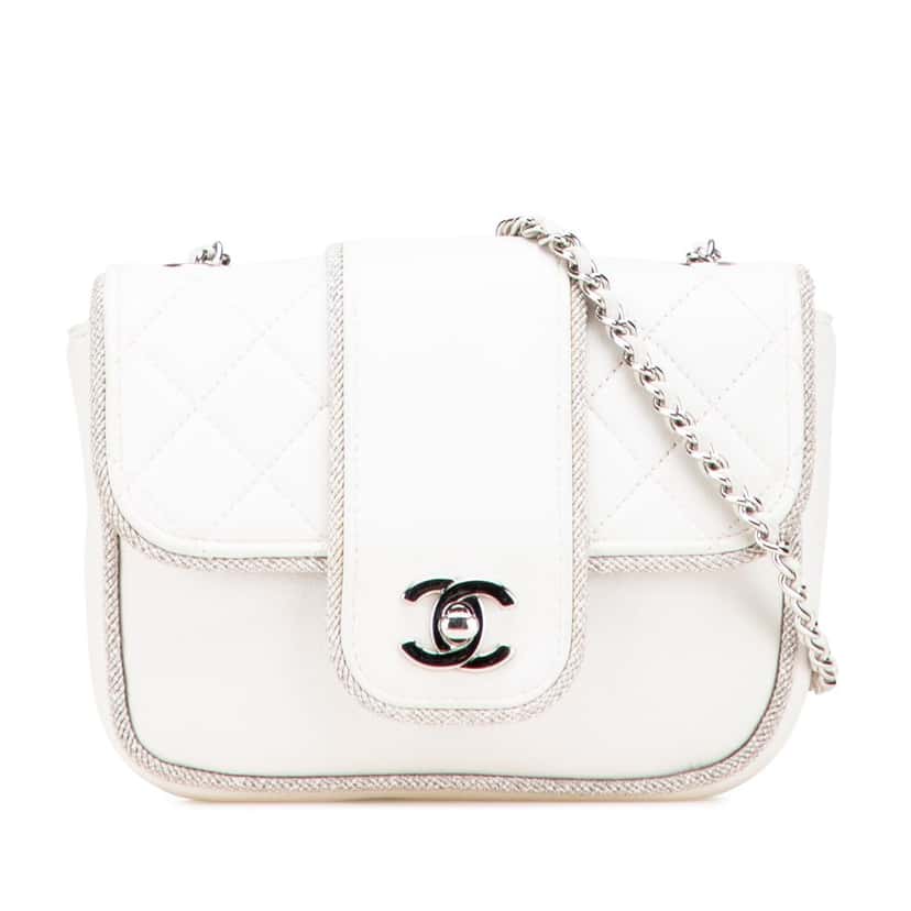 Chanel Mini Quilted Lambskin and Metallic Trim Elementary Chic Flap White Leather Good condition - Front View
