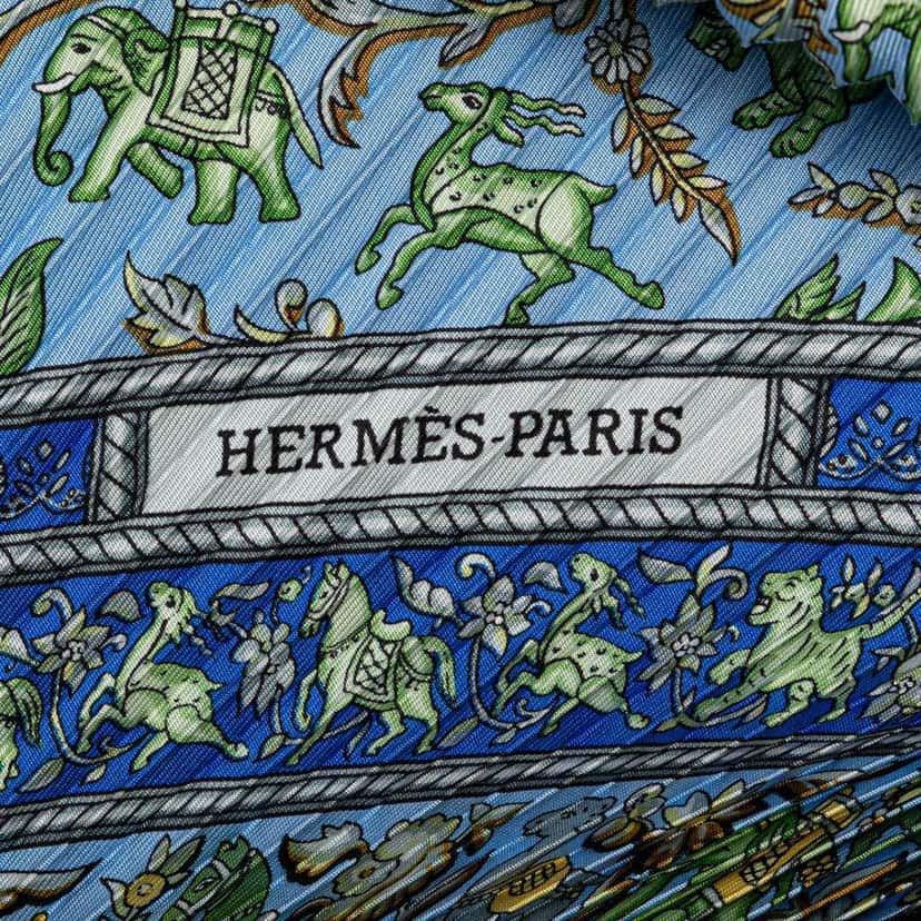 Hermès Chasse En Inde Silk Plisse Scarf Blue Silk Very good condition - Inside View