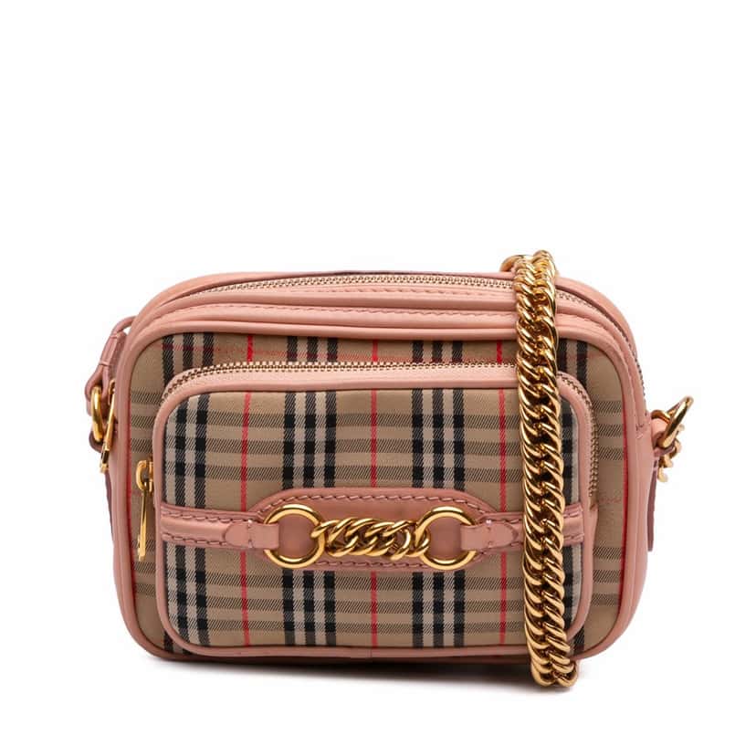 Burberry 1983 Knight Check Canvas and Calfskin Link Camera Bag Brown Canvas Good condition - Front View