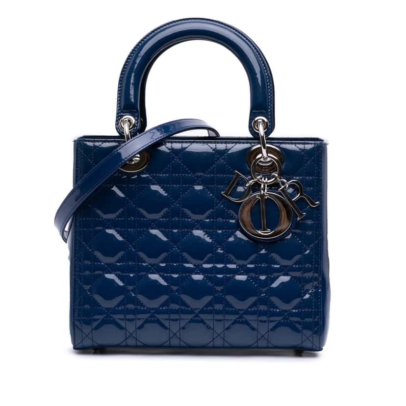 Dior Medium Patent Cannage Lady Dior Blue Leather Good condition - Front View