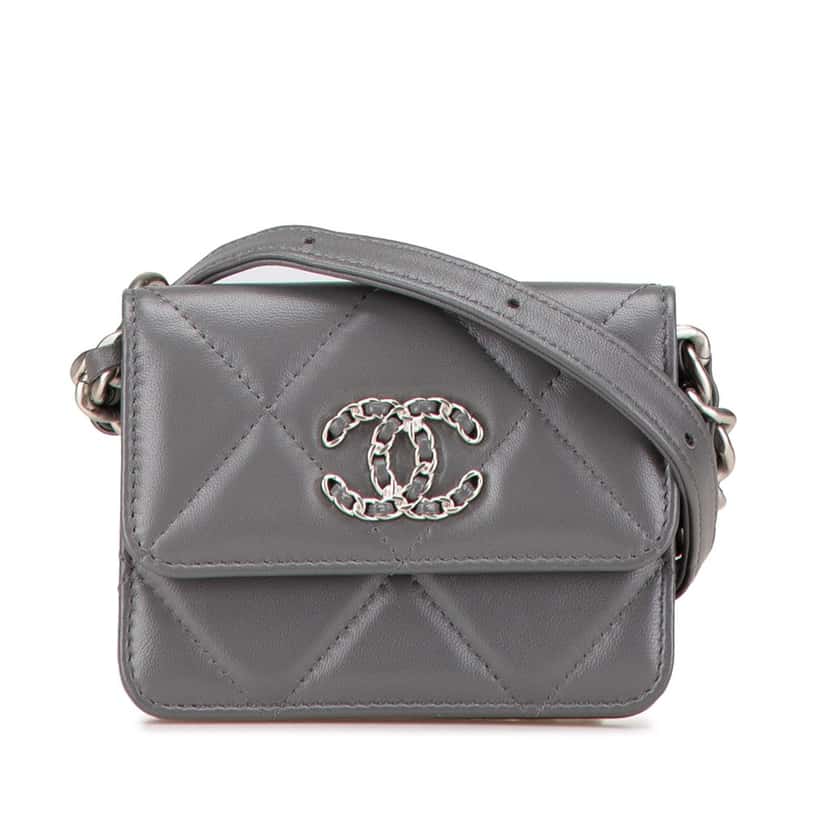 Chanel Lambskin 19 Flap Coin Purse With Chain Grey Leather Good condition - Front View