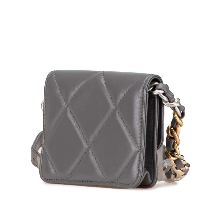 Chanel Lambskin 19 Flap Coin Purse With Chain Grey Leather Good condition - Back View