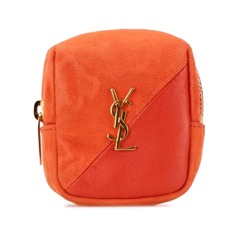 Saint Laurent Suede and Calfskin Jamie Cube Charm Coin Pouch Orange Leather Good condition - Front View