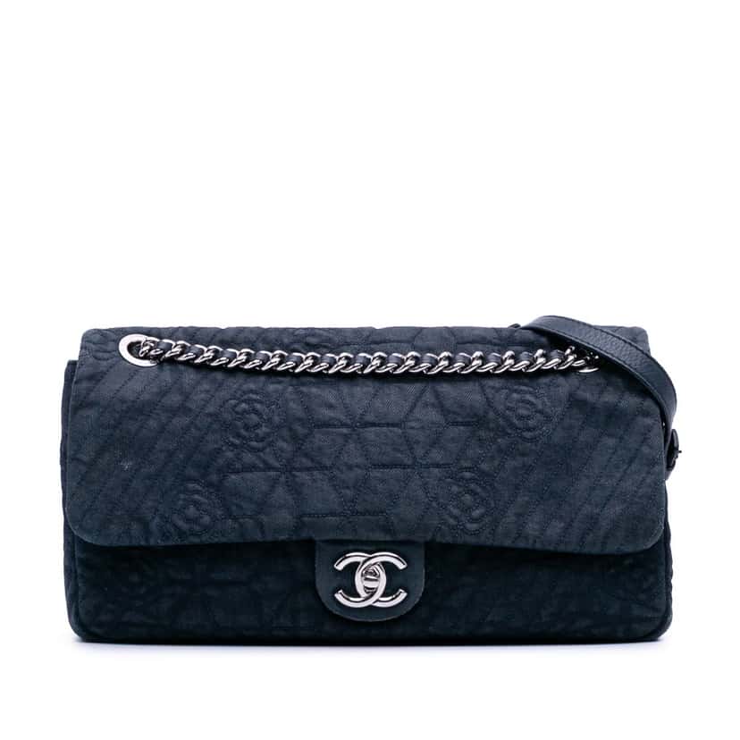Chanel Large Embroidered Denim Camellia Flap Blue Denim Good condition - Front View